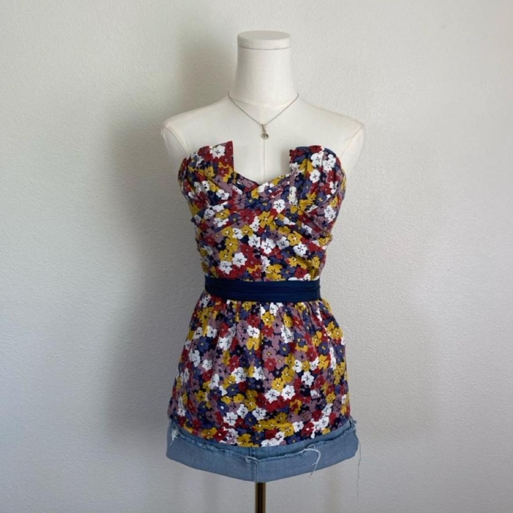 Vintage Y2K Porridge Strapless Floral Corset Top Multicolor Navy Waistband - Picture 7 of 7